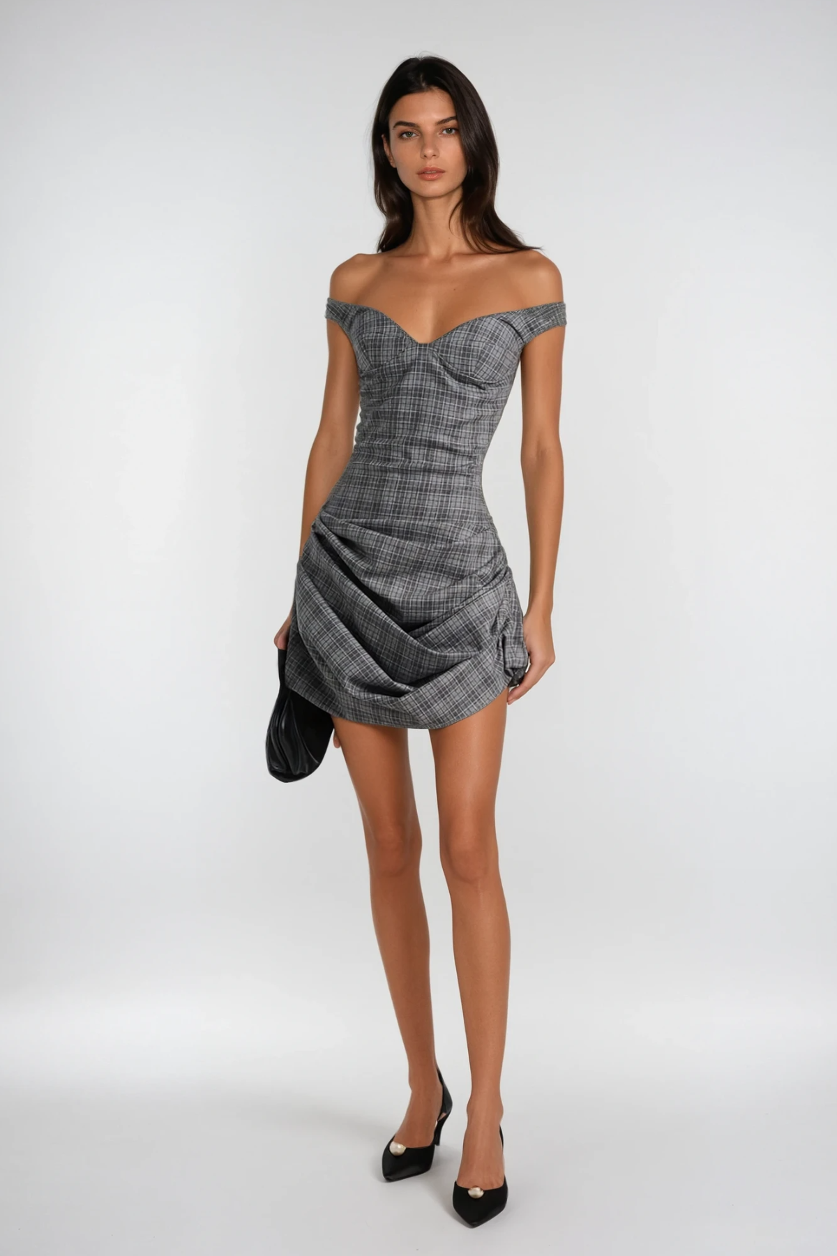 Doreen Off Shoulder Grid Mini Dress