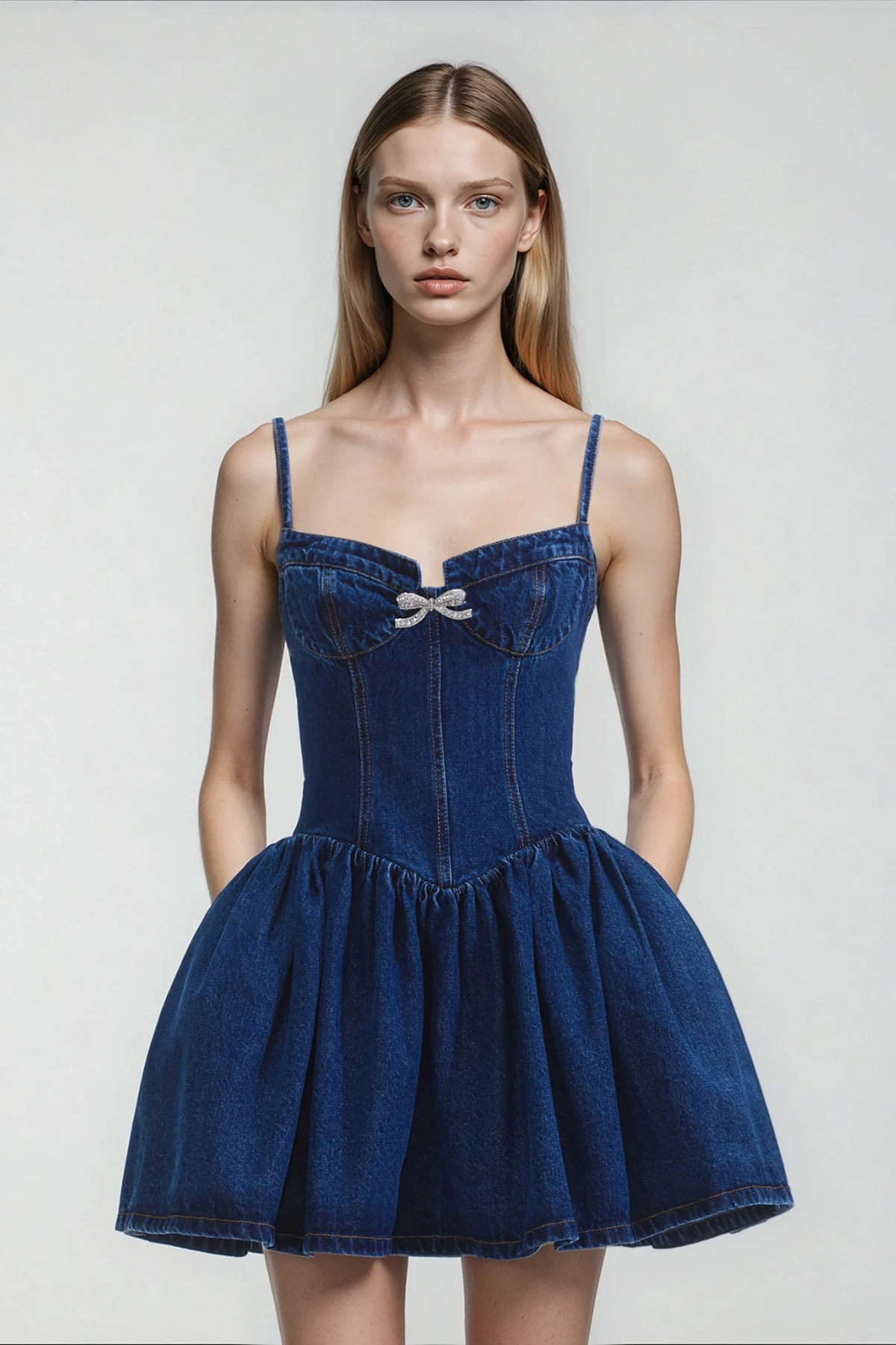 Dorofey Embellished Ruffle Denim Mini Dress