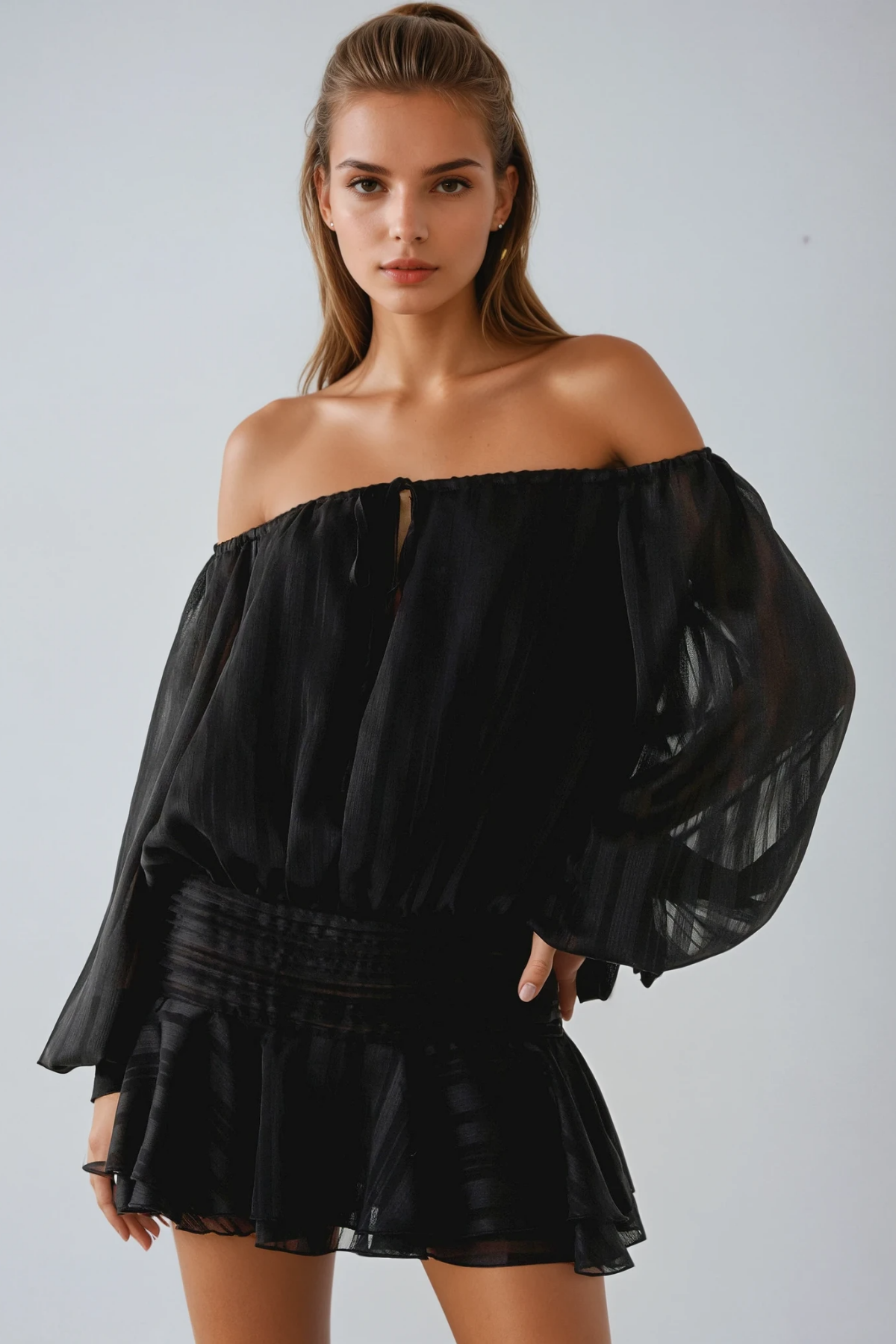Dorota Off Shoulder Ruch Mini Dress In Black