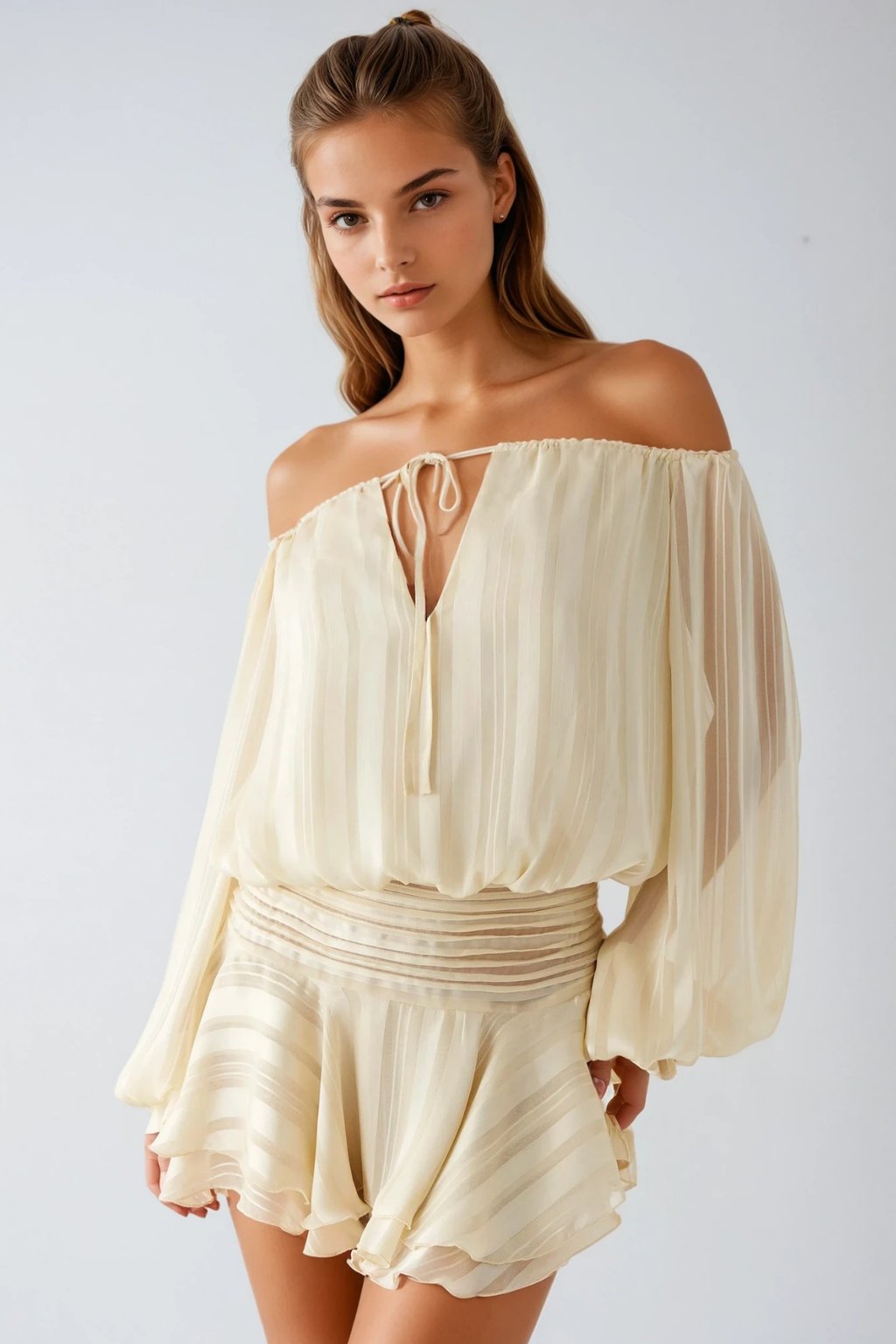 Dorota Off Shoulder Ruch Stripe Mini Dress In Apricot