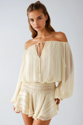 Dorota Off Shoulder Ruch Stripe Mini Dress In Apricot