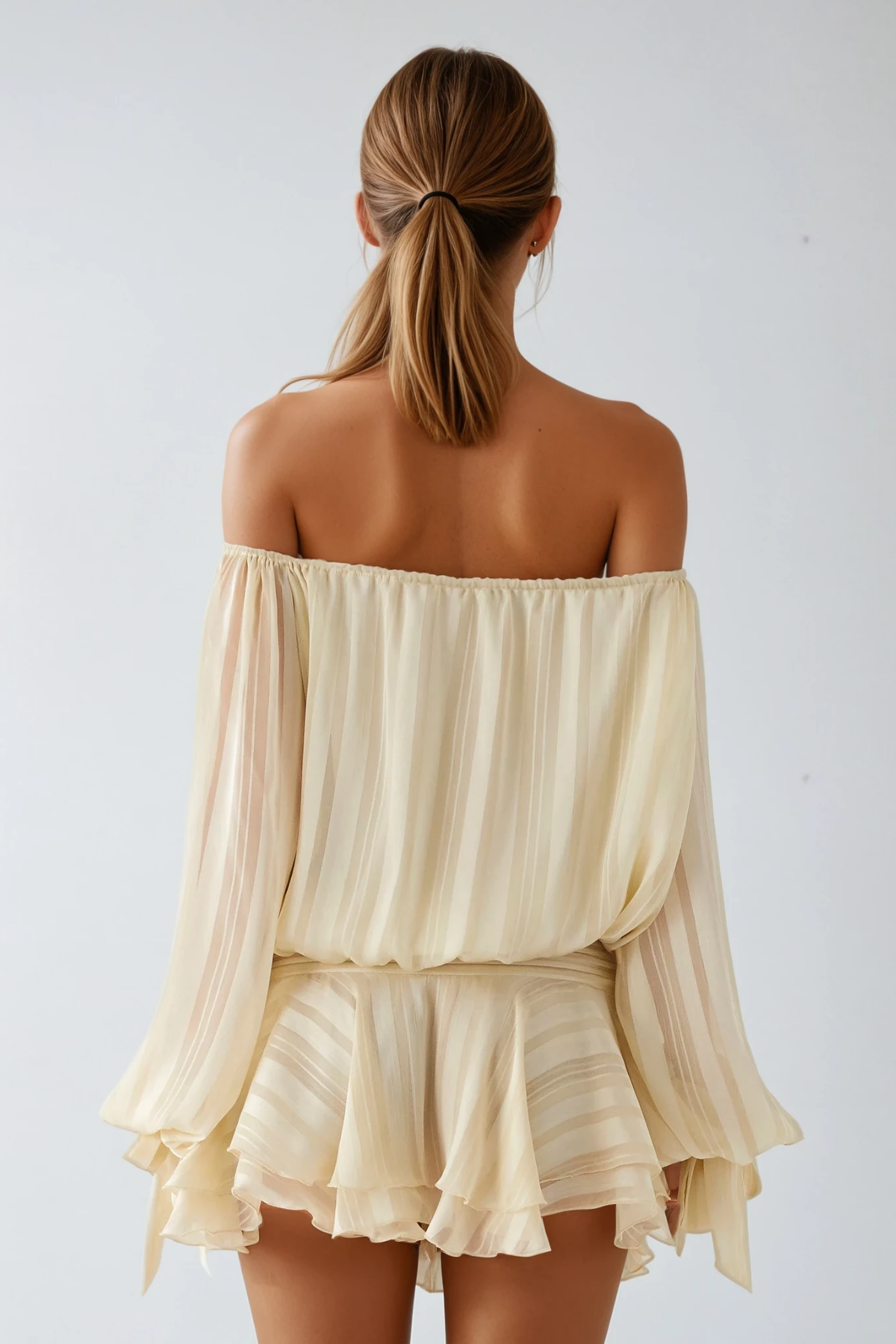 Dorota Off Shoulder Ruch Stripe Mini Dress In Apricot