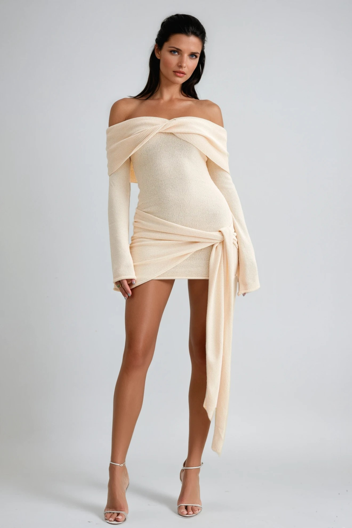 Dorthe Strapless Tie Up Knit Mini Dress In Beige