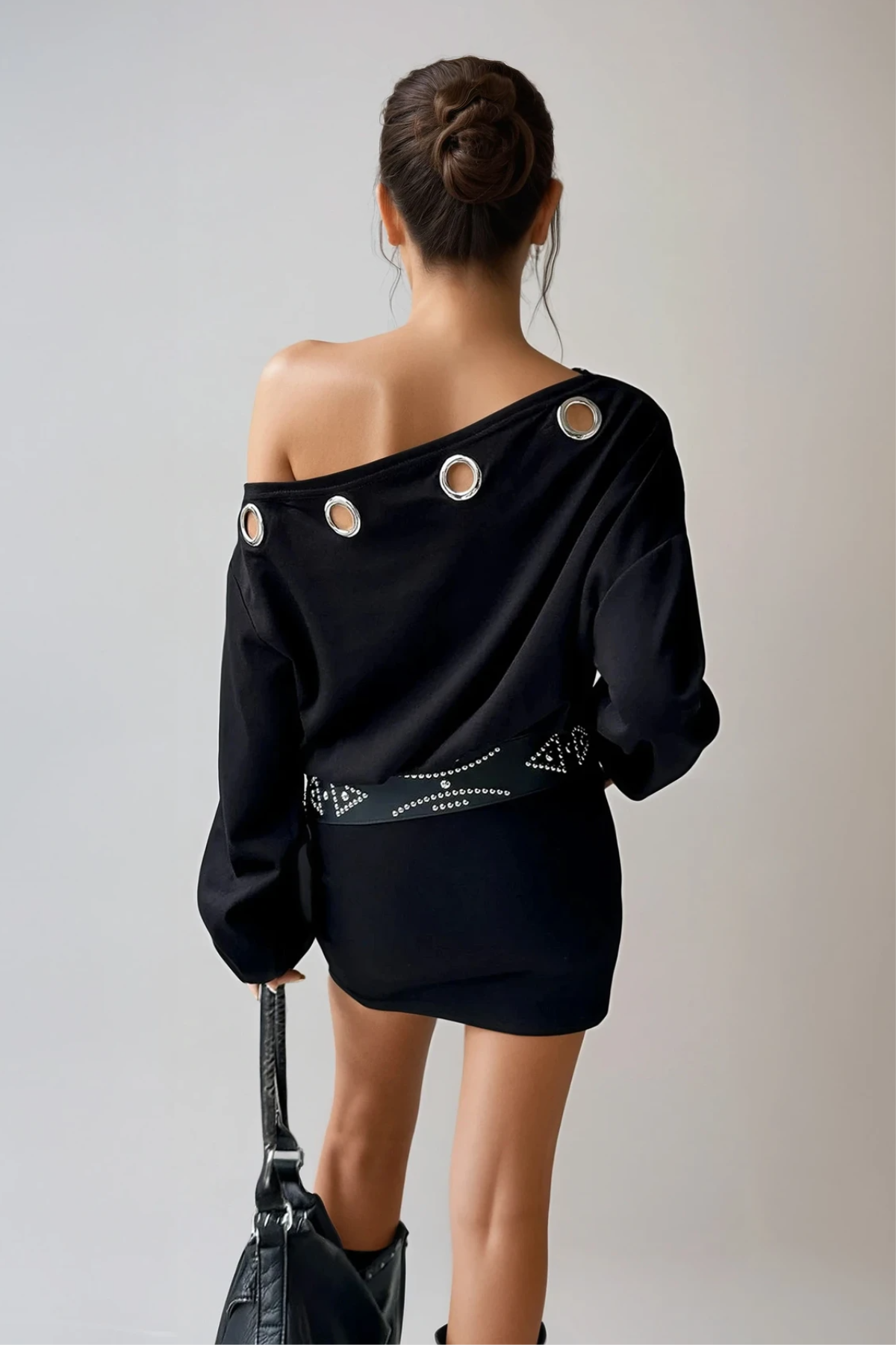 Dov One Shoulder Eyelet Mini Dress In Black