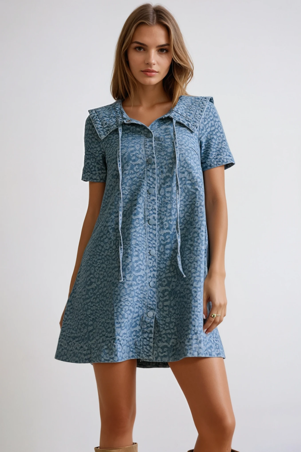 Dragutin Lapel Denim Leopard Mini Dress In Blue