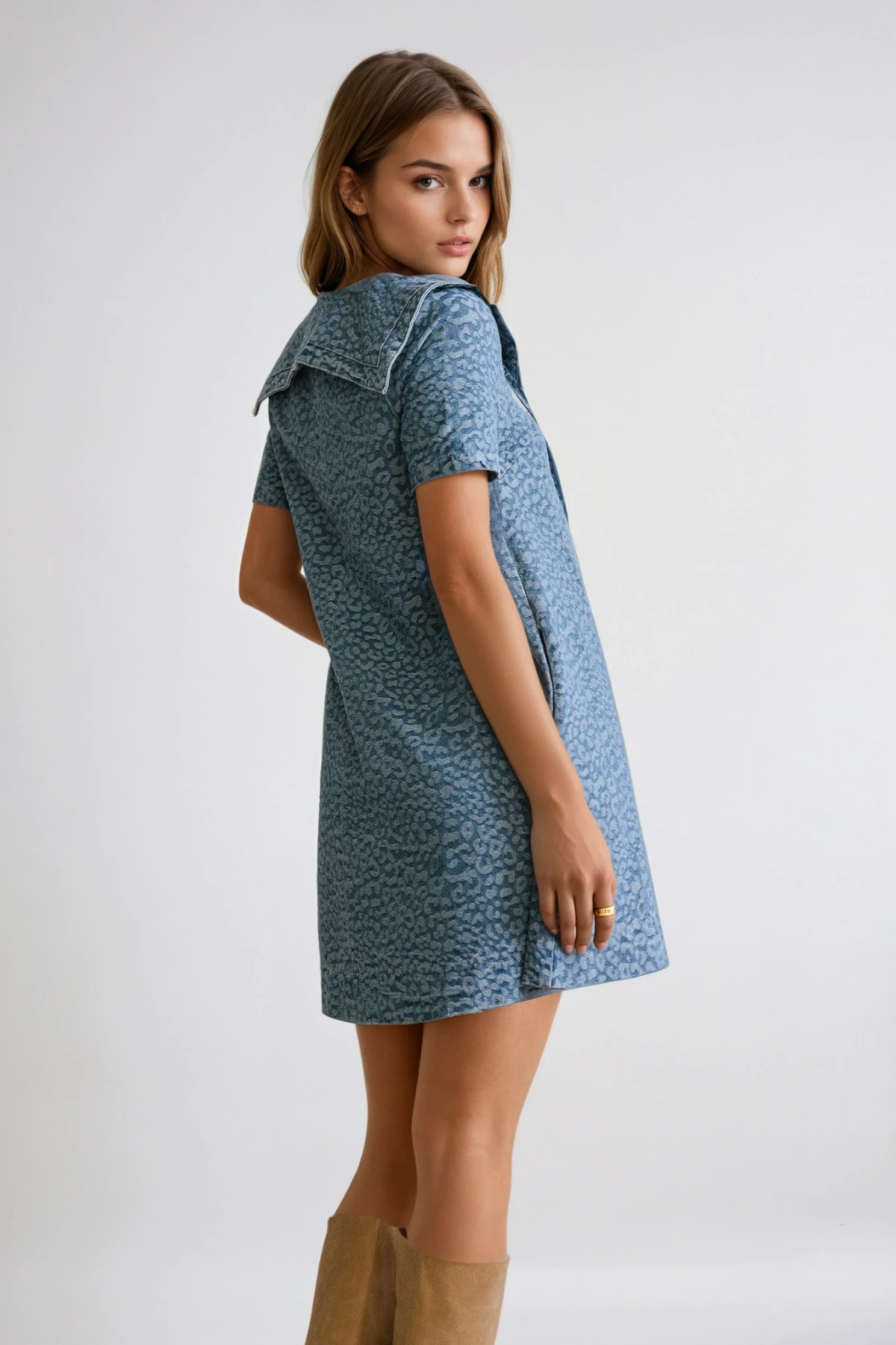 Dragutin Lapel Denim Leopard Mini Dress In Blue