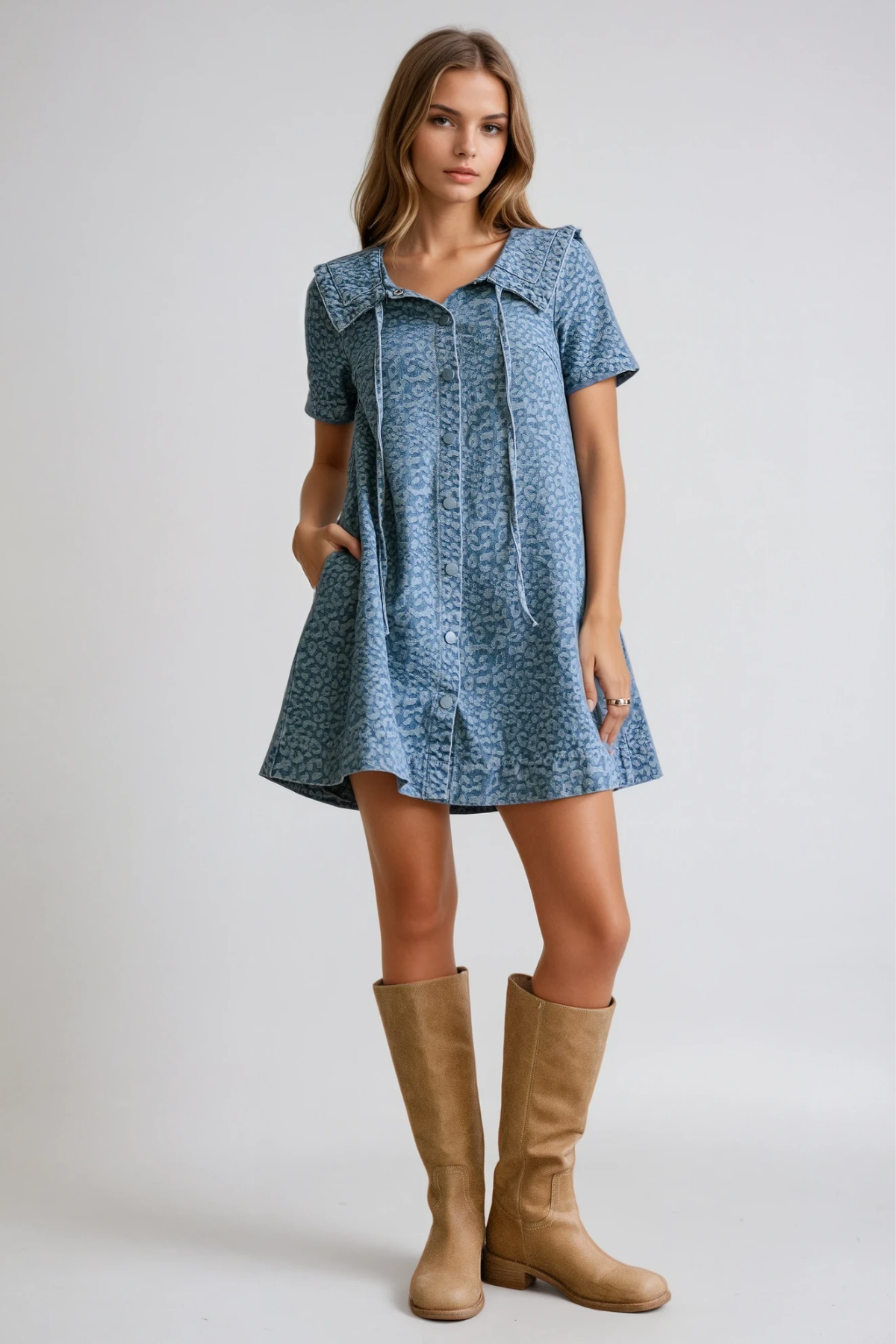 Dragutin Lapel Denim Leopard Mini Dress In Blue