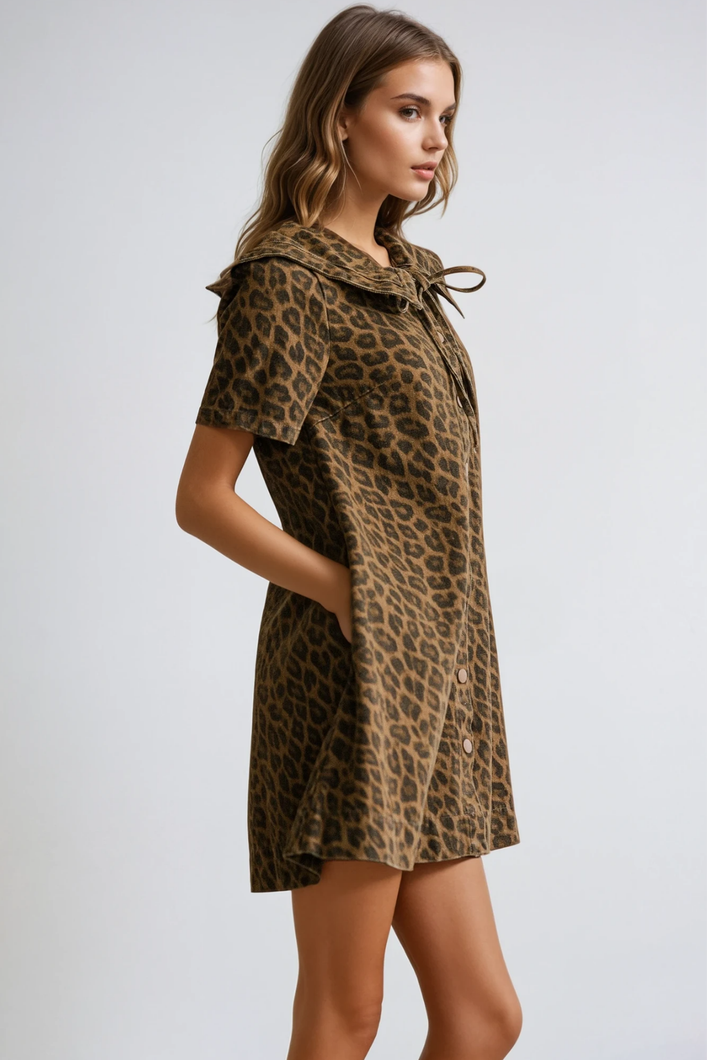 Dragutin Lapel Denim Leopard Mini Dress In Brown
