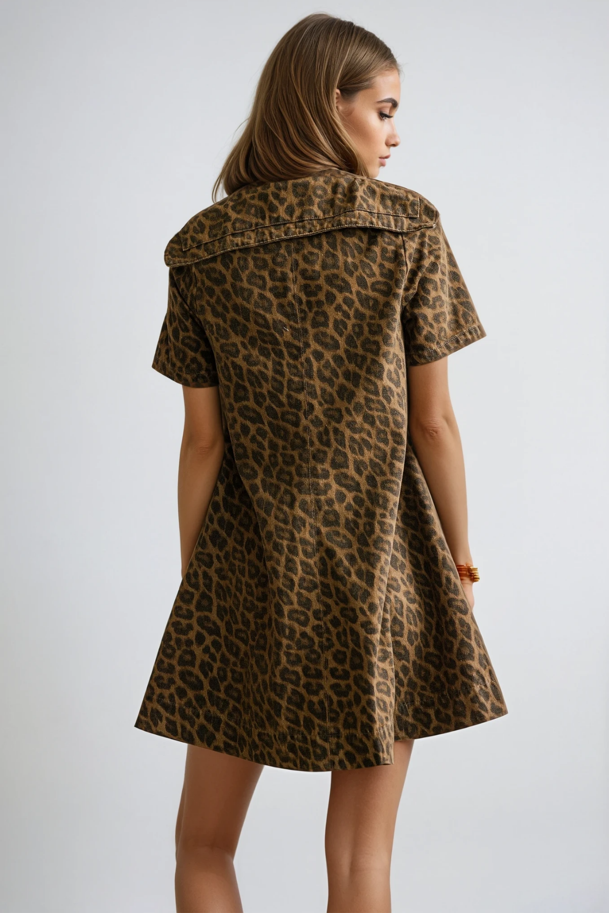 Dragutin Lapel Denim Leopard Mini Dress In Brown