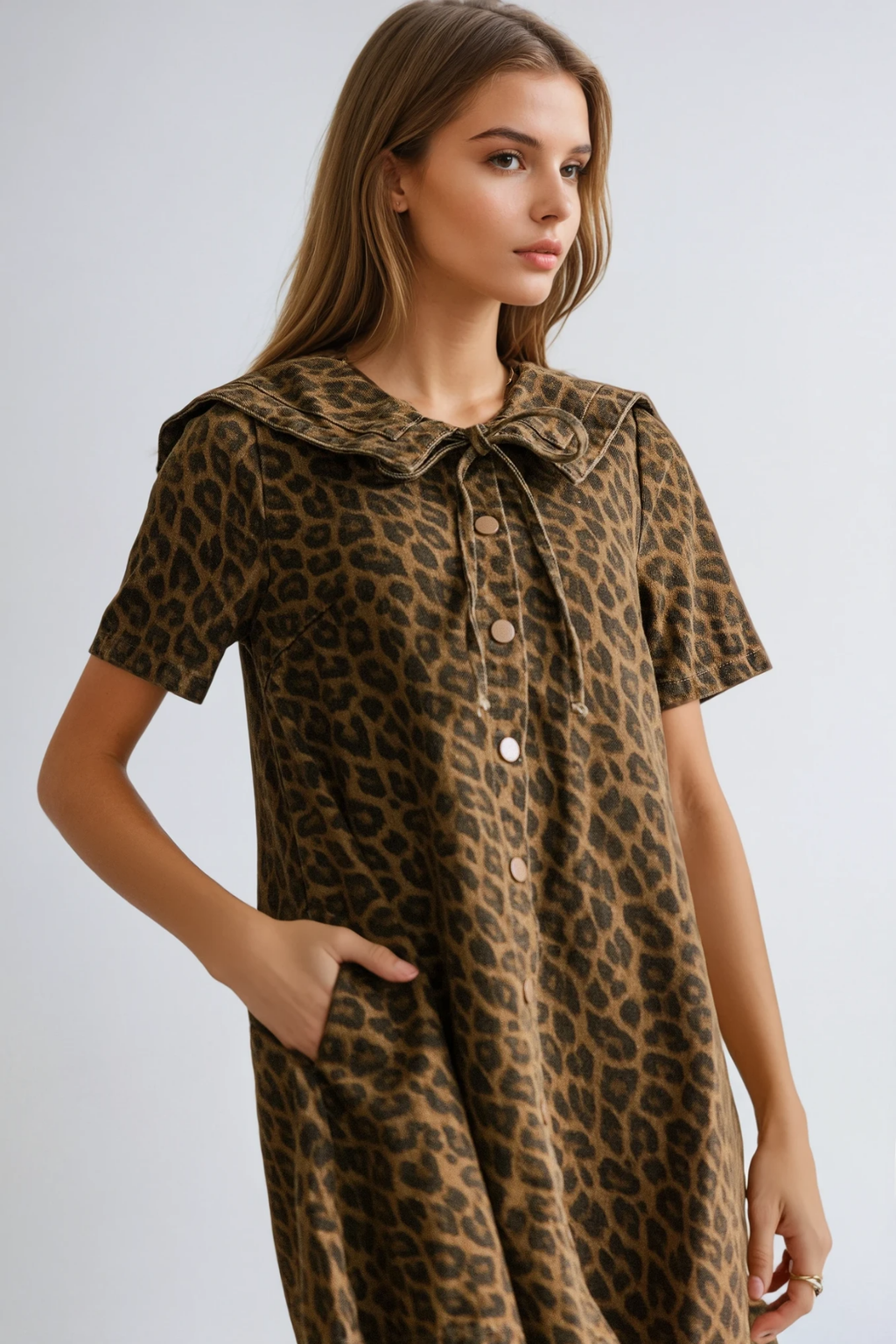 Dragutin Lapel Denim Leopard Mini Dress In Brown
