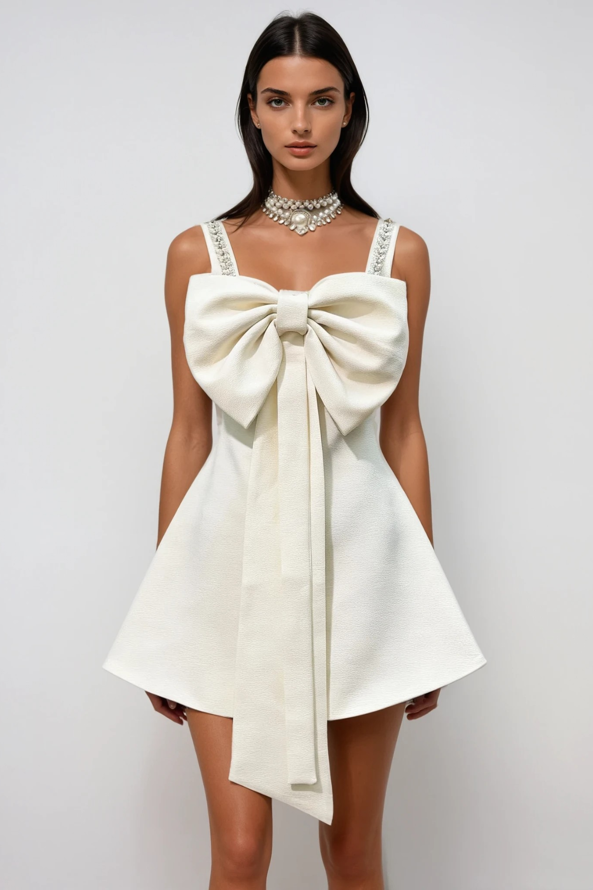 Drahoslav Sleeveless Bow Crystal Mini Dress