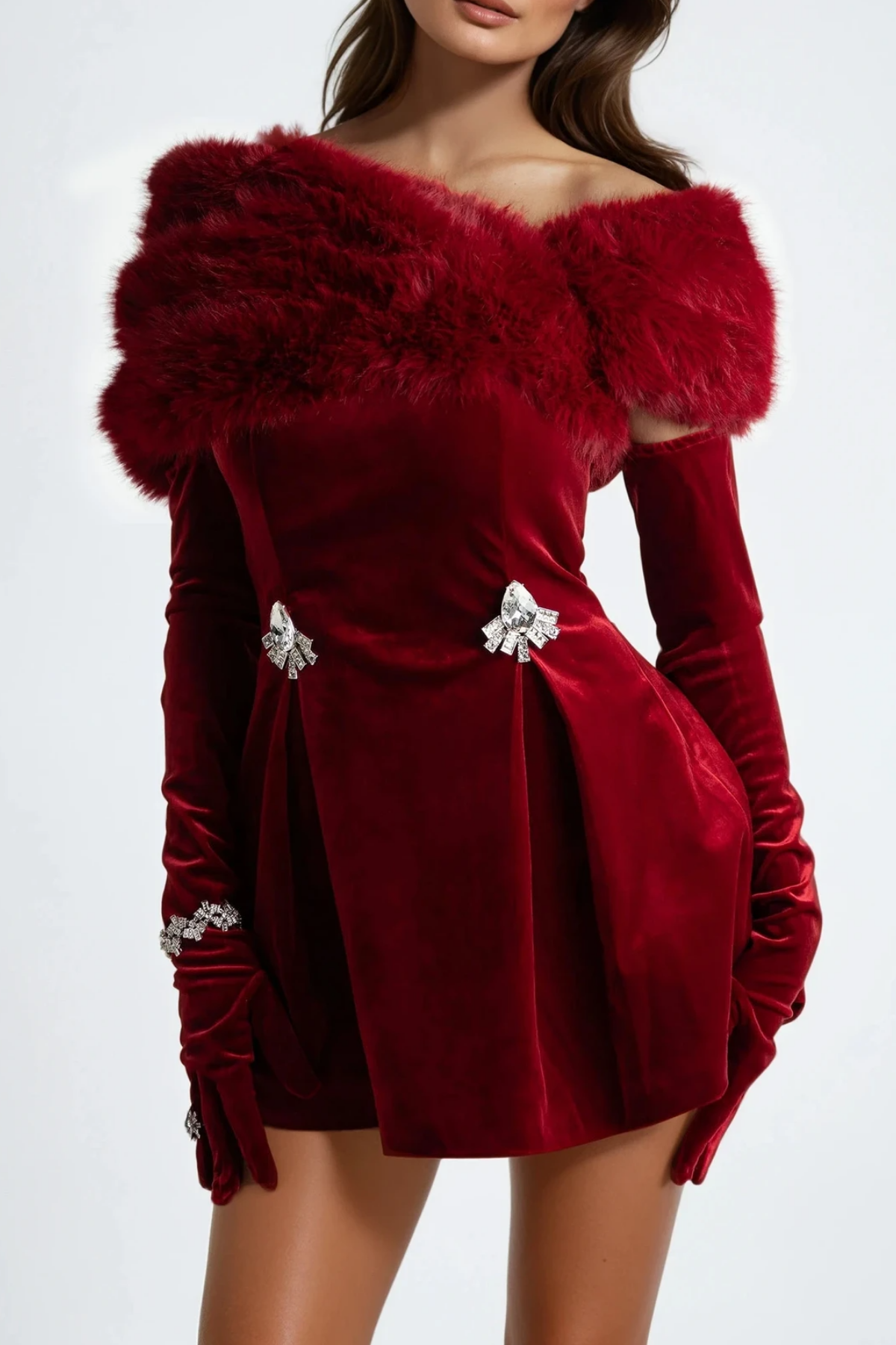 Duro Off Shoulder Faux Fur Embellished Mini Dress