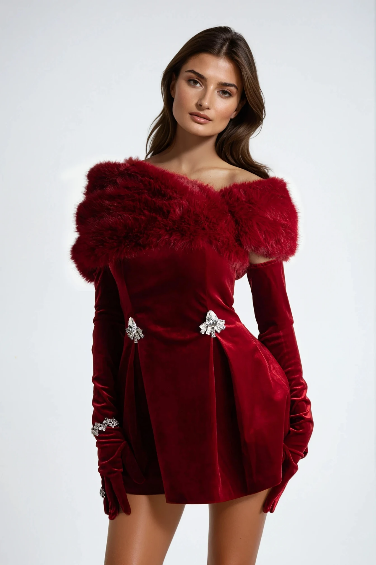 Duro Off Shoulder Faux Fur Embellished Mini Dress