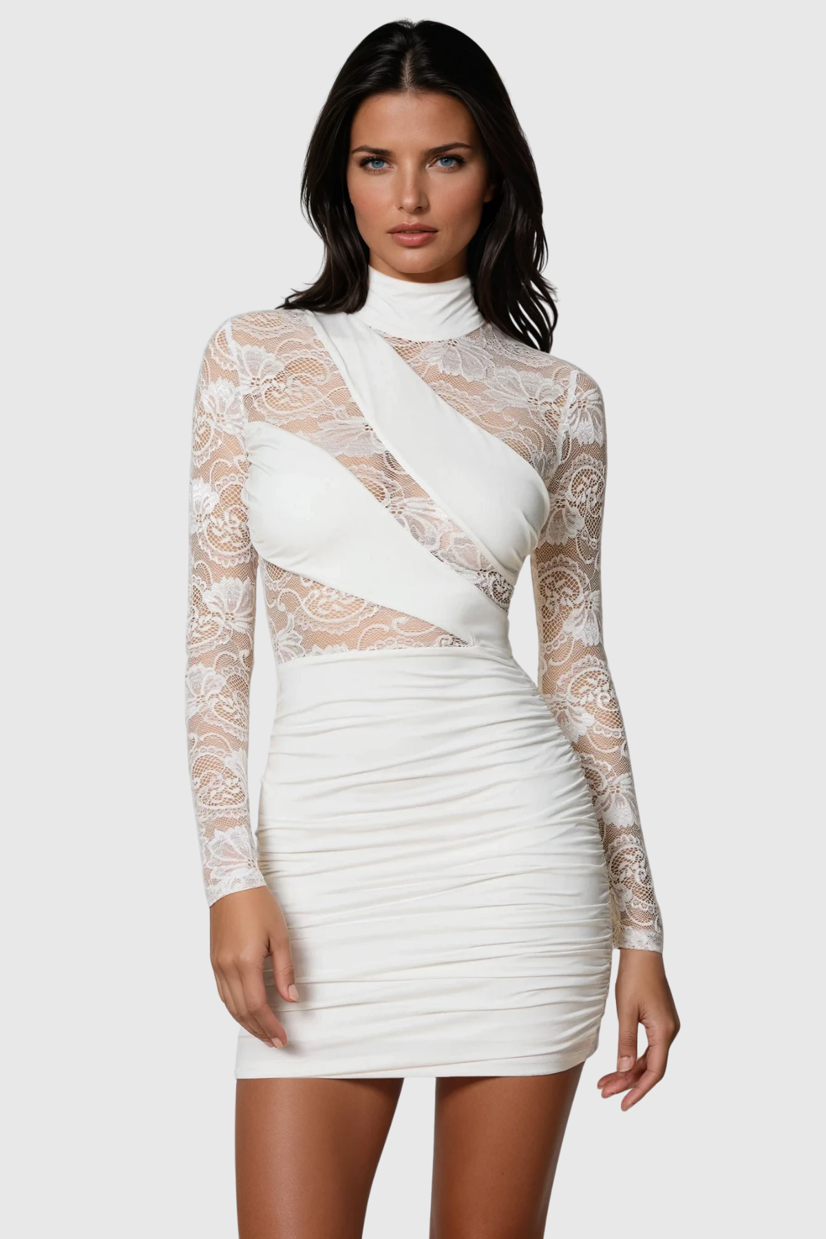 Dymitr Lace Ruch Bodycon Mini Dress In White