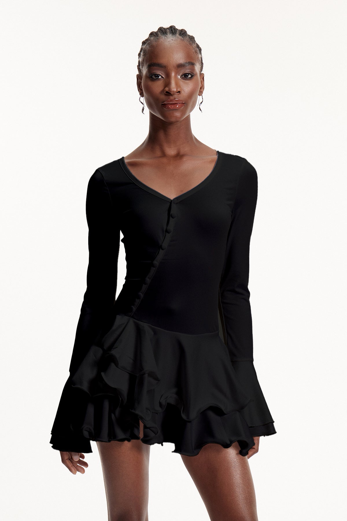 Ellington Asymmetric Button Ruffle Mini Dress In Black