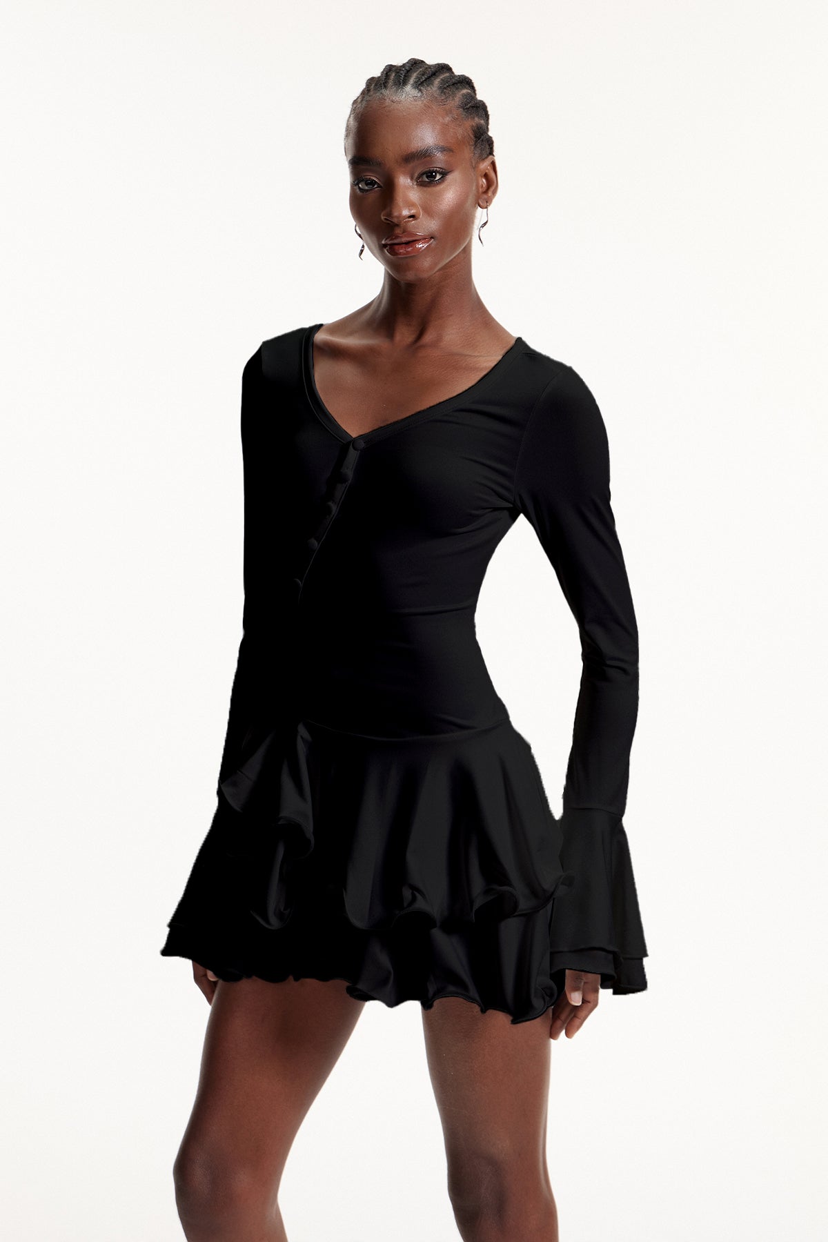 Ellington Asymmetric Button Ruffle Mini Dress In Black