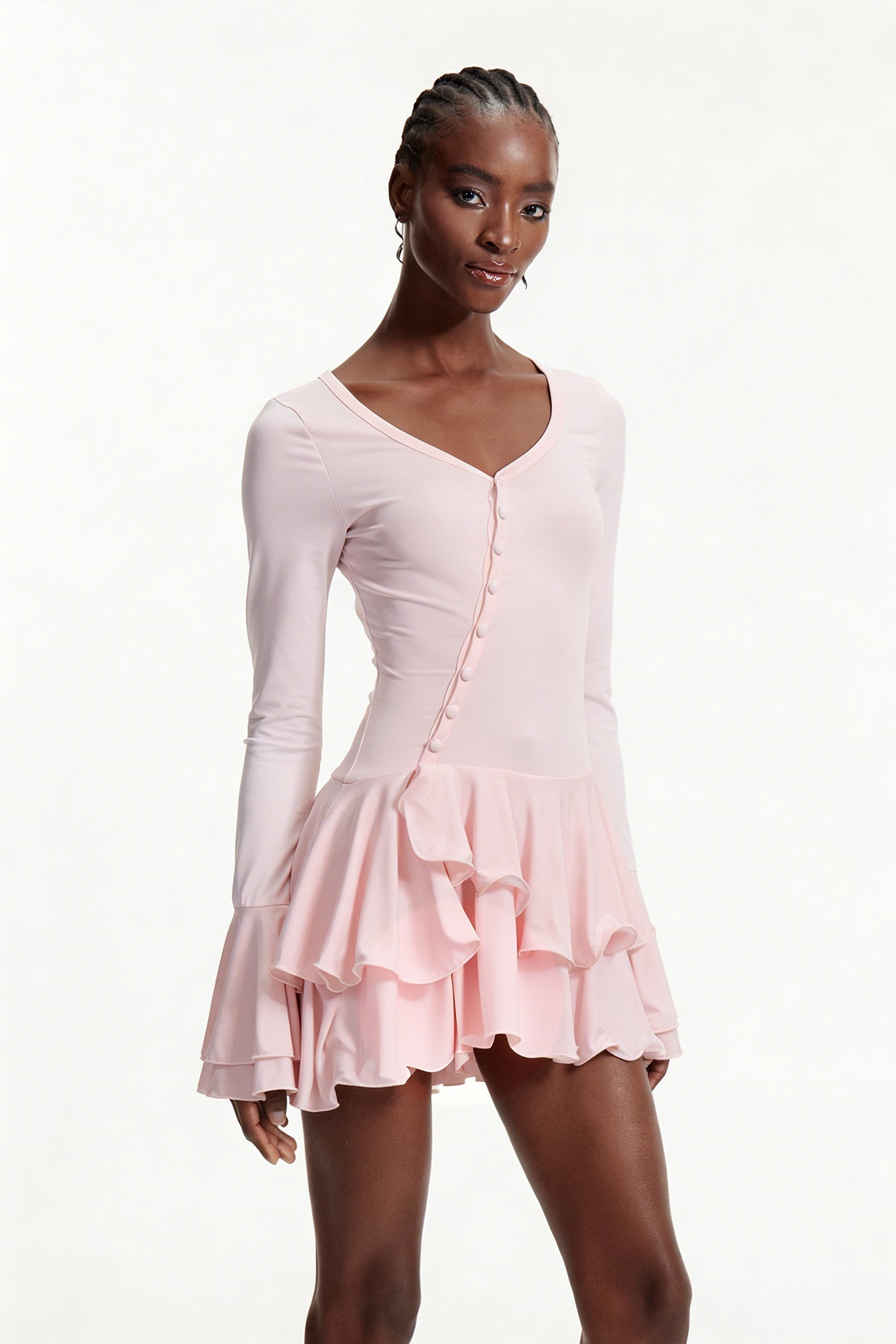 Ellington Asymmetric Button Ruffle Mini Dress In Pink