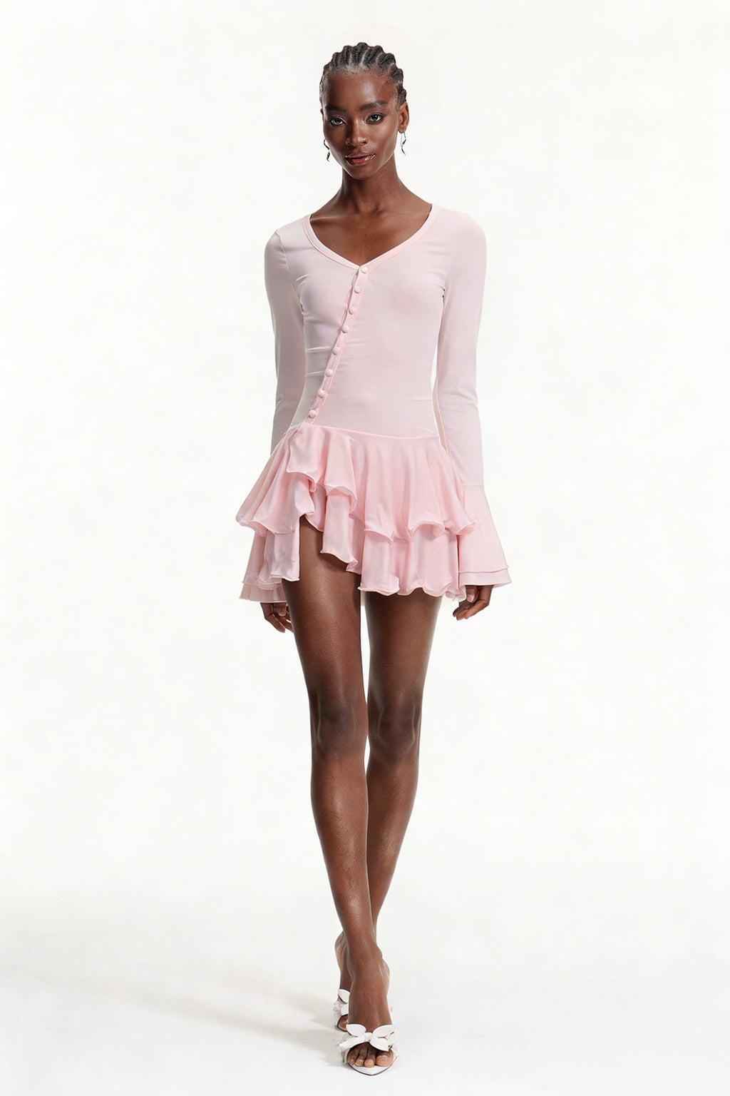 Ellington Asymmetric Button Ruffle Mini Dress In Pink