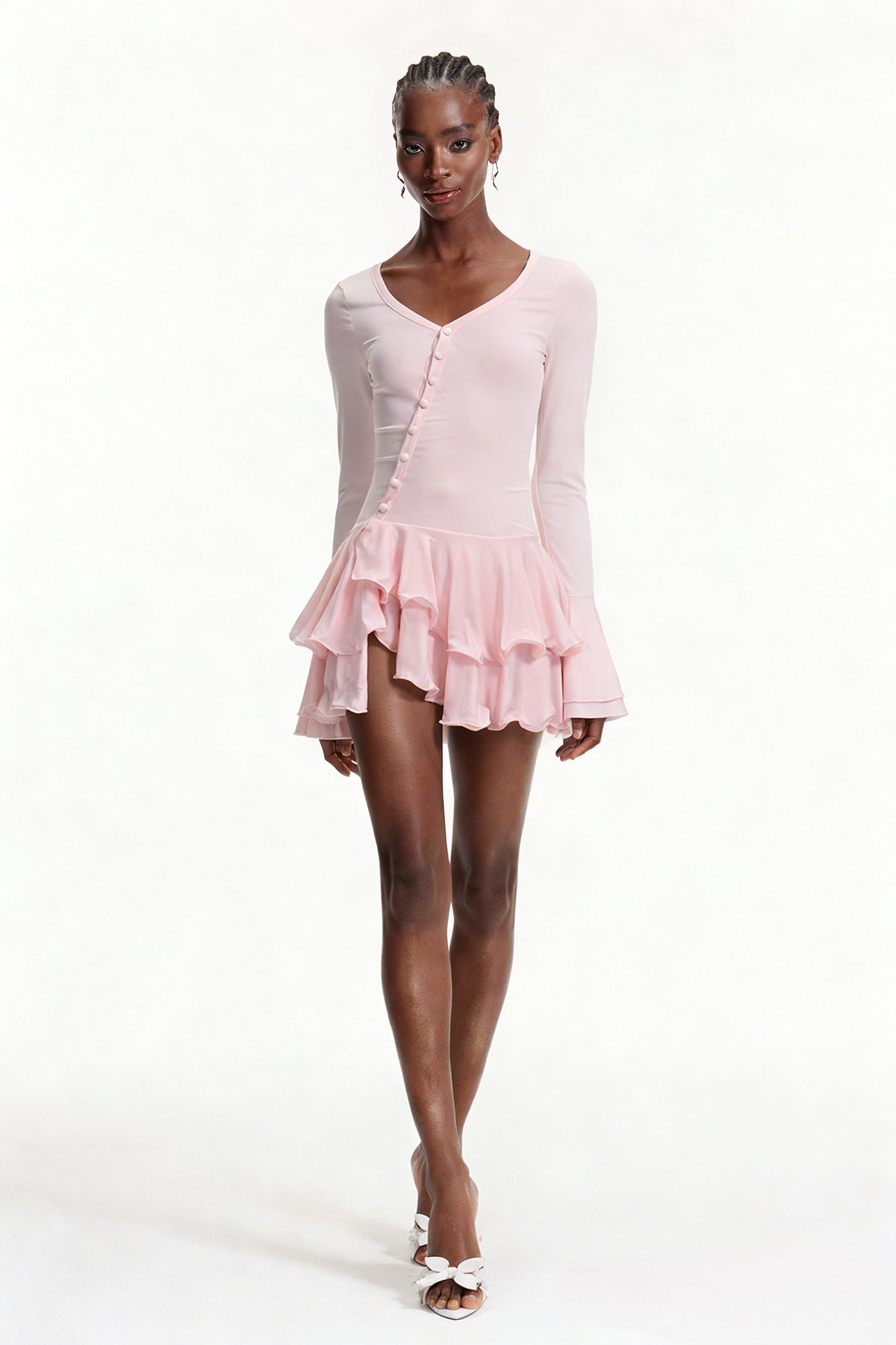 Ellington Asymmetric Button Ruffle Mini Dress In Pink