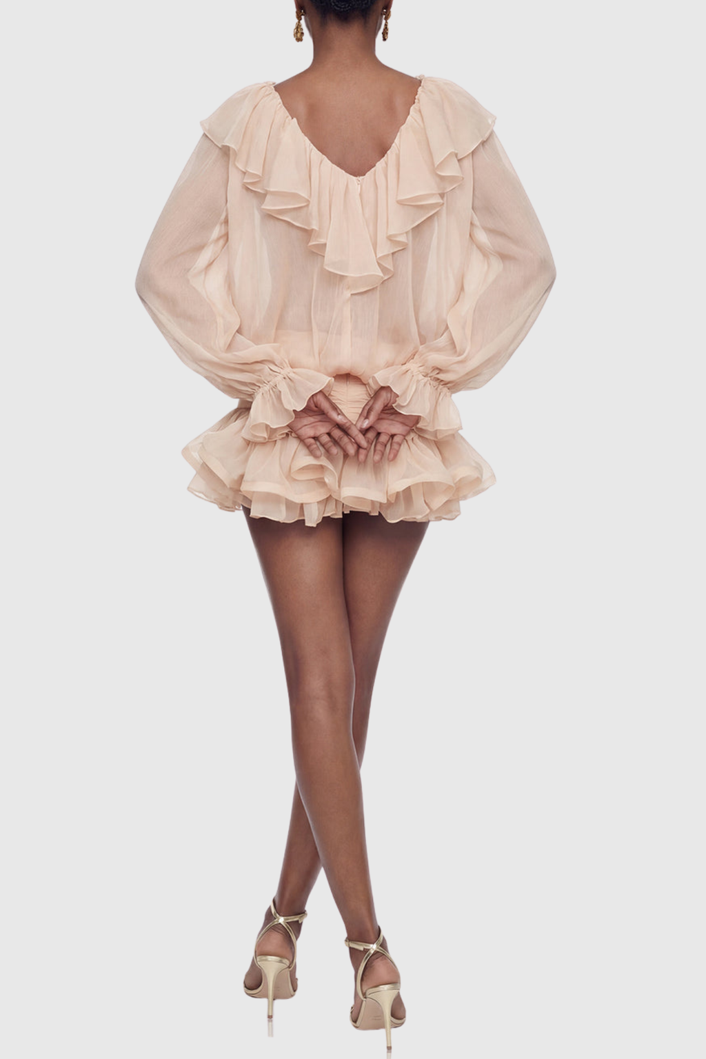 Ezio Floral Embroidered Ruffe Mini Dress - Apricot