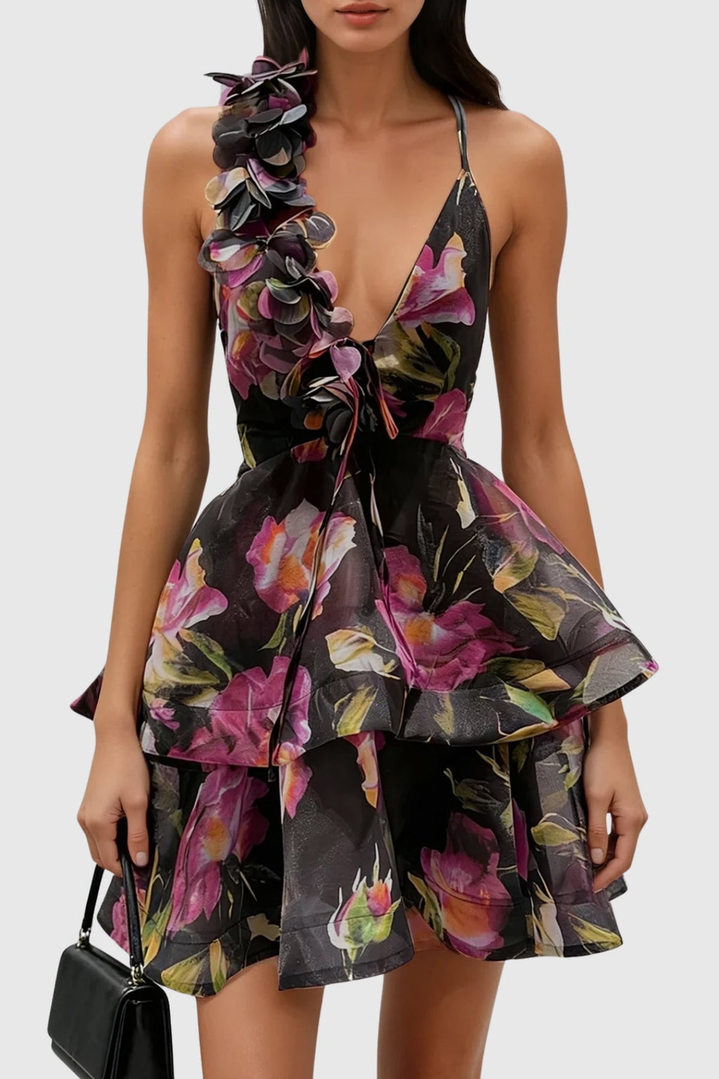 Faigel Flower Asymmetric Ruffle Mini Dress In Black
