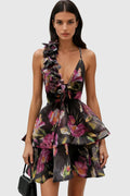 Faigel Flower Asymmetric Ruffle Mini Dress In Black