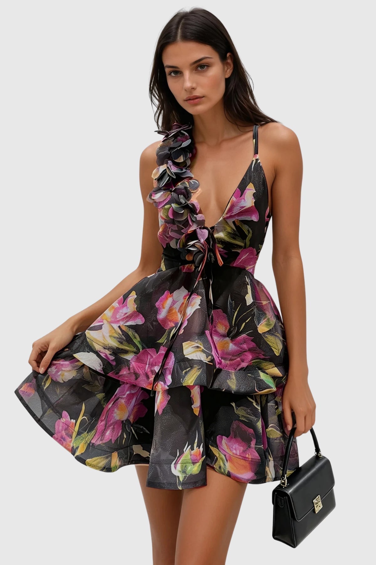 Faigel Flower Asymmetric Ruffle Mini Dress In Black