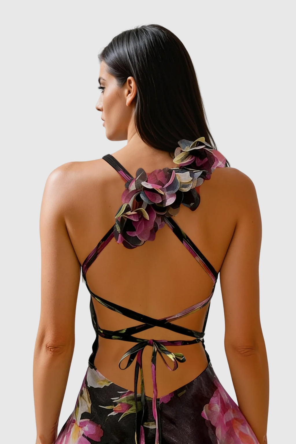 Faigel Flower Asymmetric Ruffle Mini Dress In Black