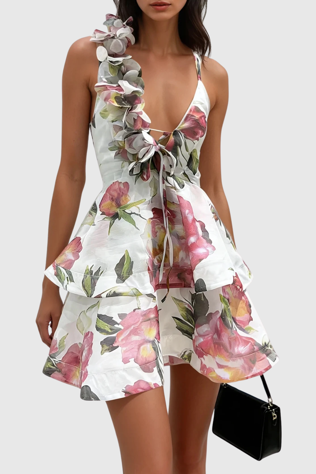 Faigel Flower Asymmetric Ruffle Mini Dress In White