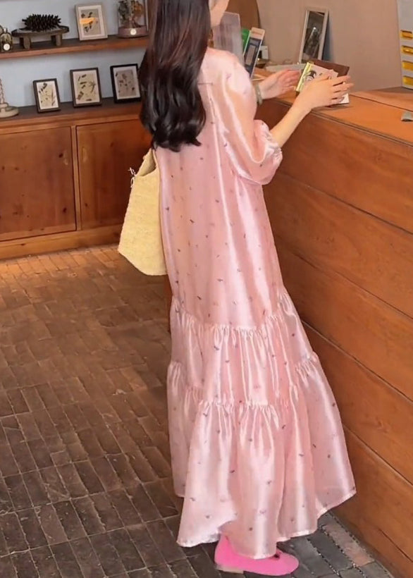 O-Neck Dress Fine Sleeve Print Pink Long Bracelet Silk