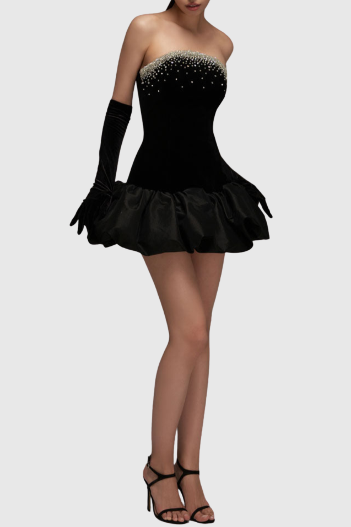 Gertra Strapless Crystal Embellished Velvet Puff Mini Dress
