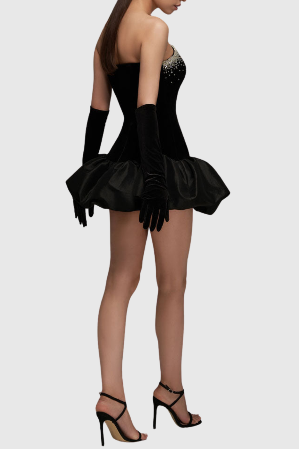 Gertra Strapless Crystal Embellished Velvet Puff Mini Dress