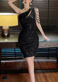 Black Party Asymmetrical Sequins Sleeveless Dress Handmade