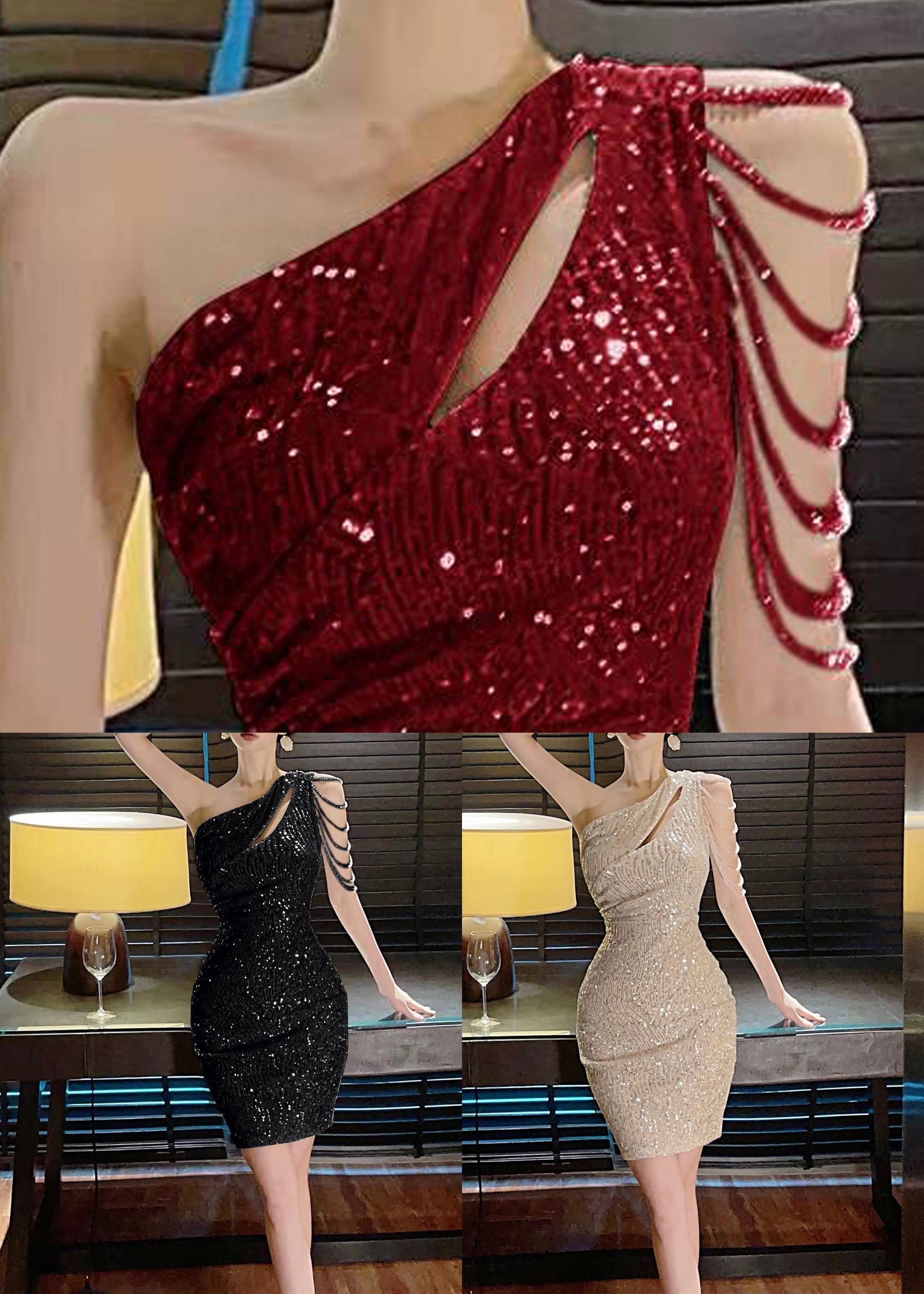 Black Party Asymmetrical Sequins Sleeveless Dress Handmade