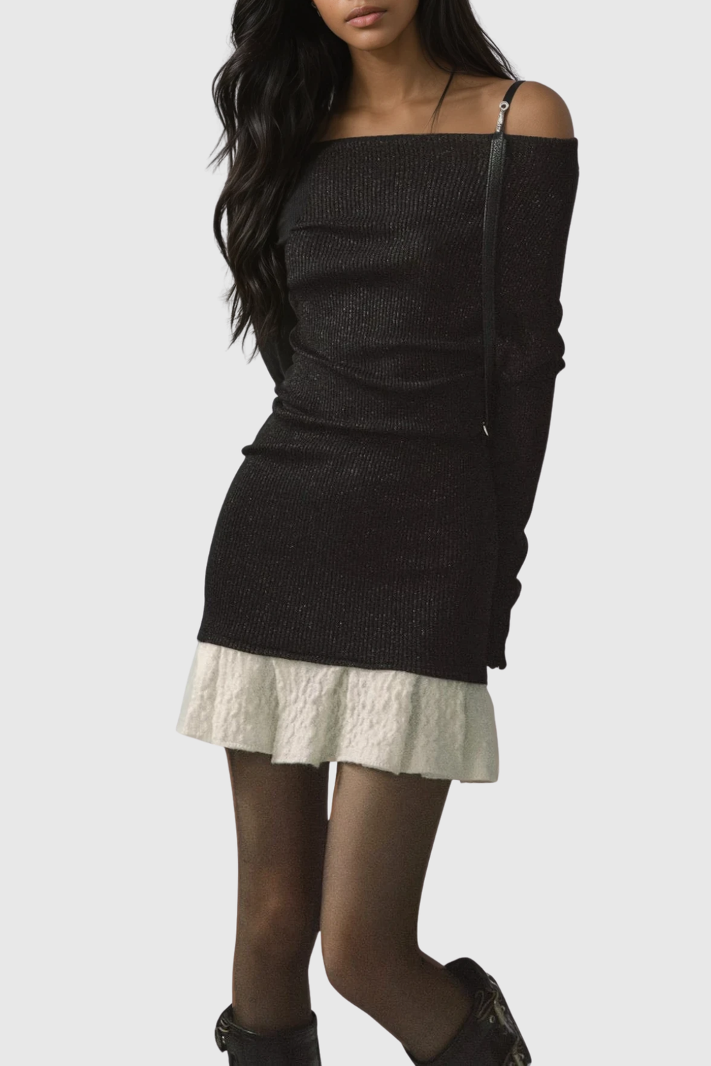 Henira Off Shoulder Knit Mini Dress - Black