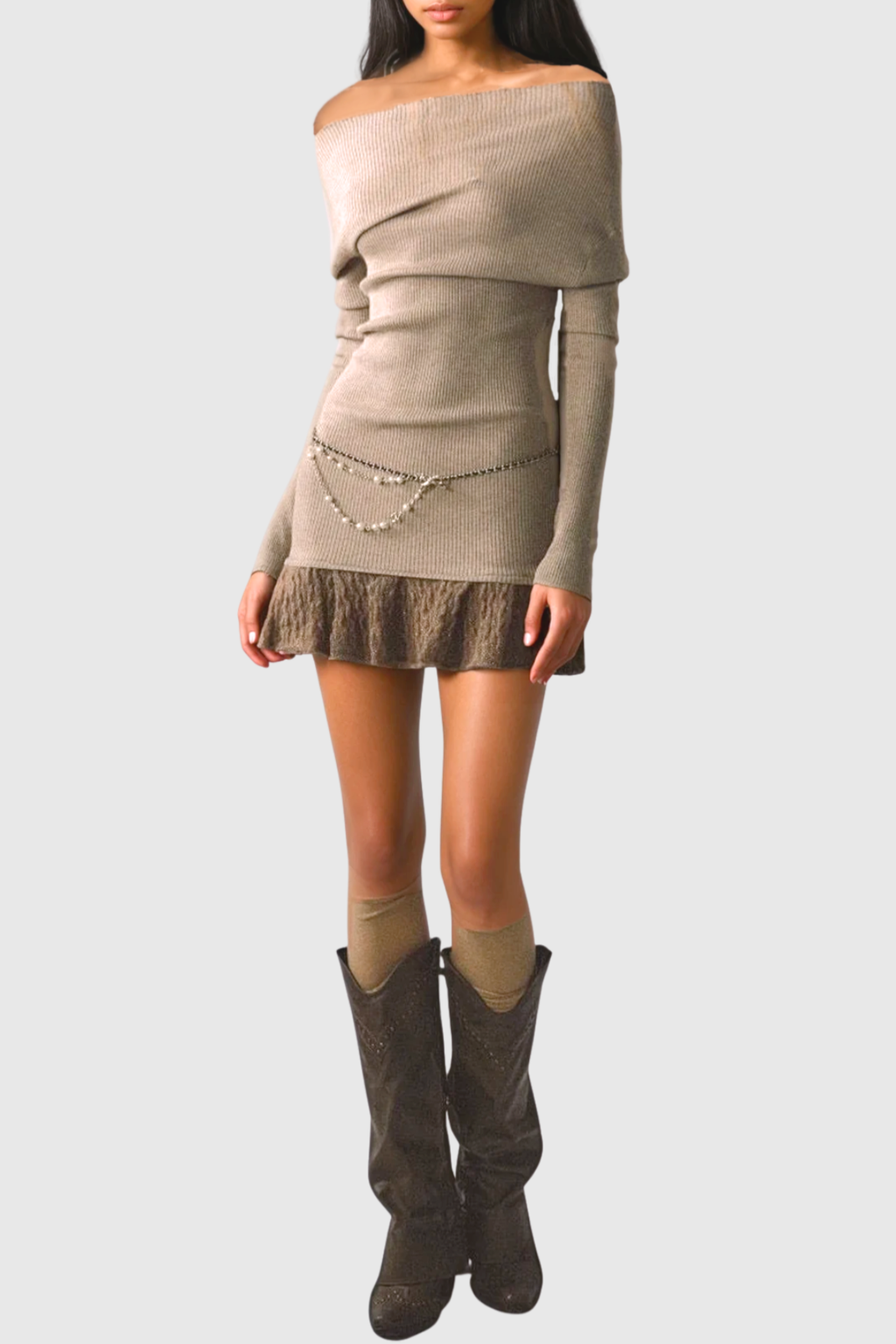 Henira Off Shoulder Knit Mini Dress - Khaki