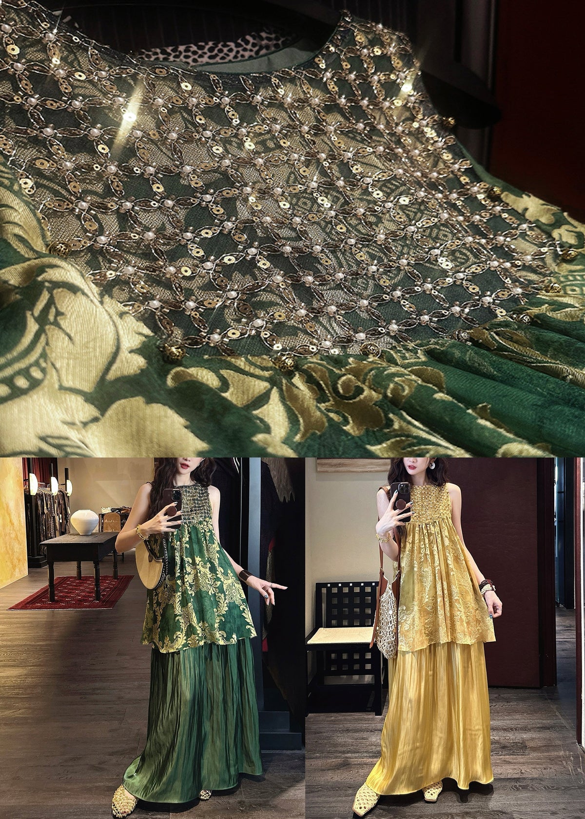 Green Silk Tulle O Neck Patchwork Italian Sequins Dresses
