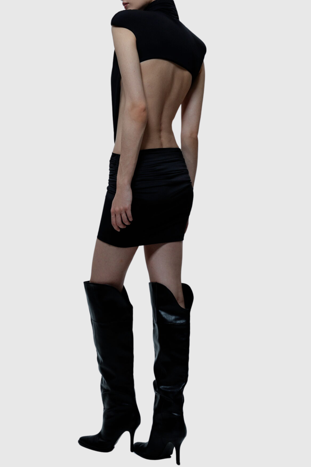 Macko High Neck Backless Ruched Mini Dress