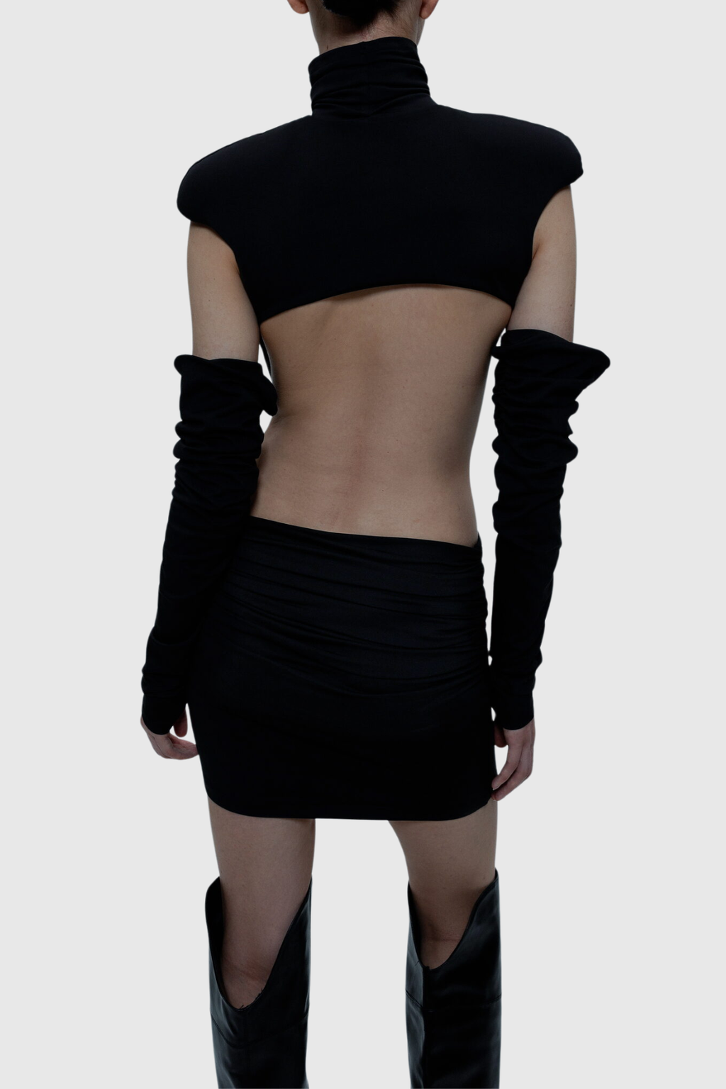 Macko High Neck Backless Ruched Mini Dress