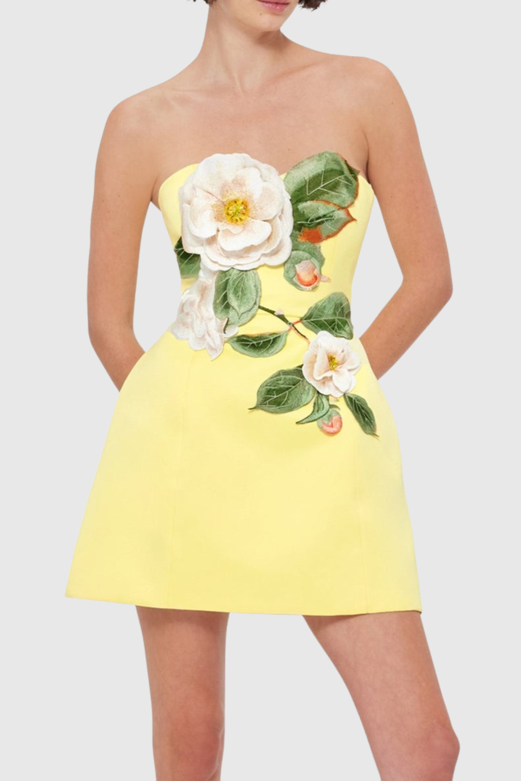 Mimoza Floral Appliqu¨¦ Strapless Mini Dress - Yellow