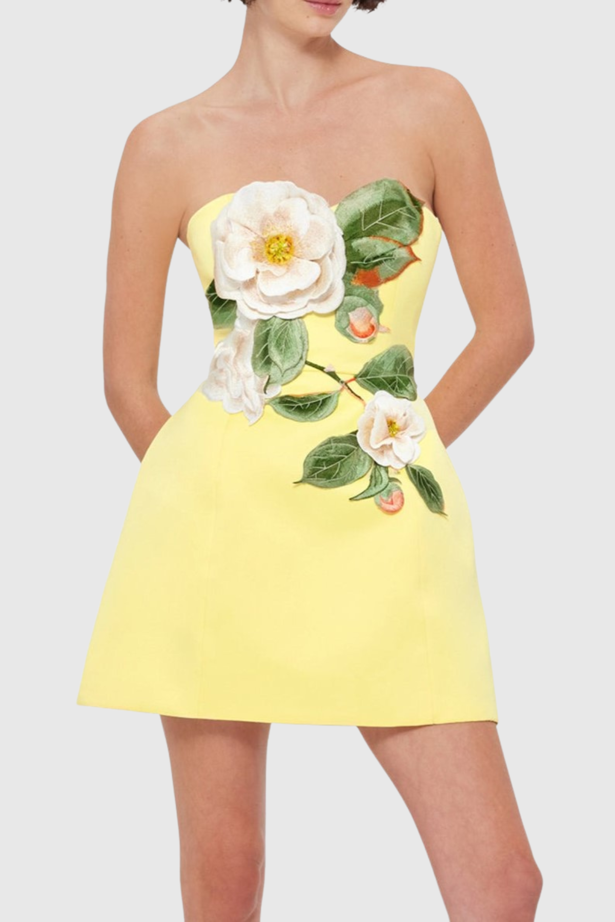 Mimoza Floral Appliqu¨¦ Strapless Mini Dress - Yellow