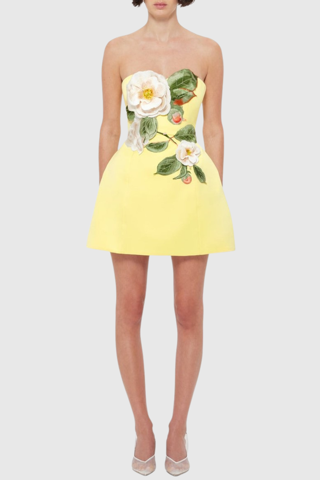 Mimoza Floral Appliqu¨¦ Strapless Mini Dress - Yellow