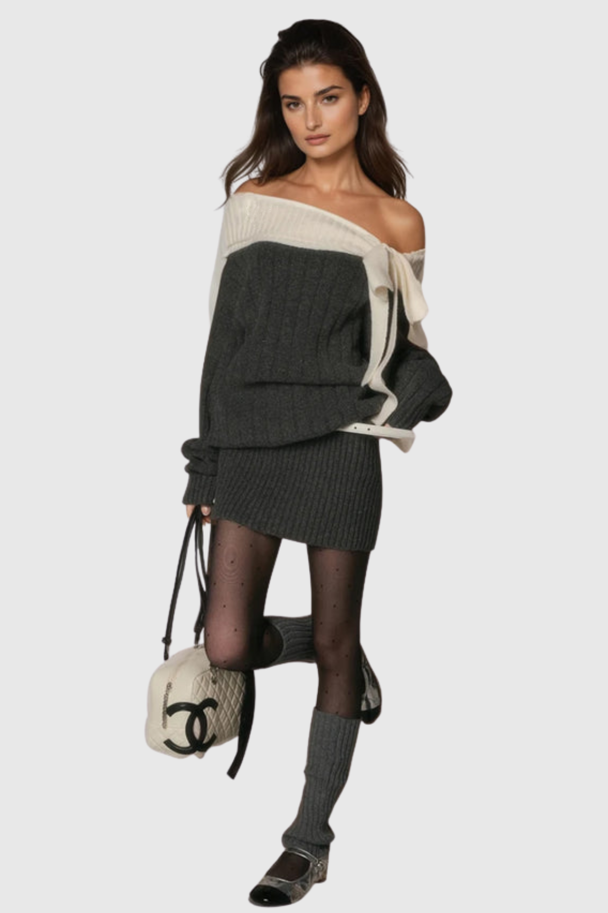 Misael Off Shoulder Bow Knit Mini Dress - Grey