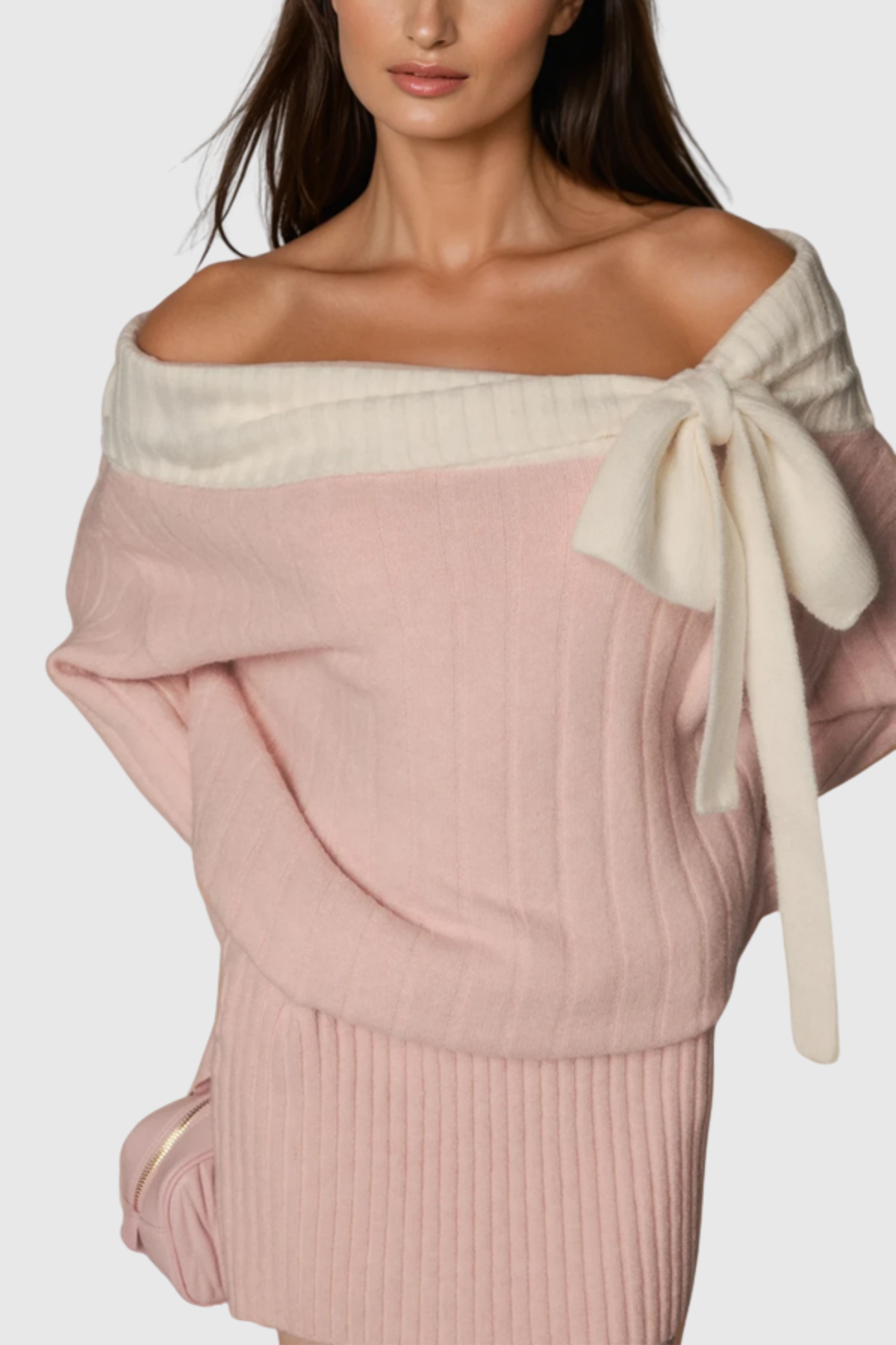 Misael Off Shoulder Bow Knit Mini Dress - Pink
