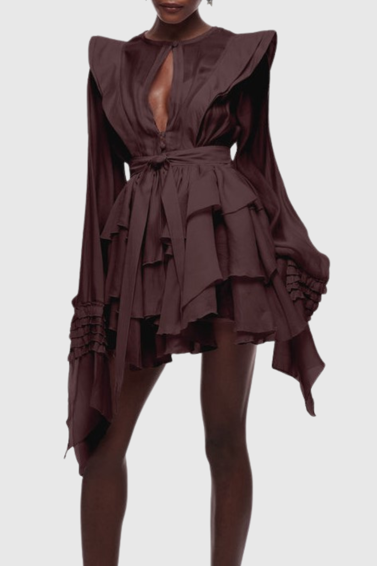 Nalena Ruffle Cutout Mini Dress - Brown