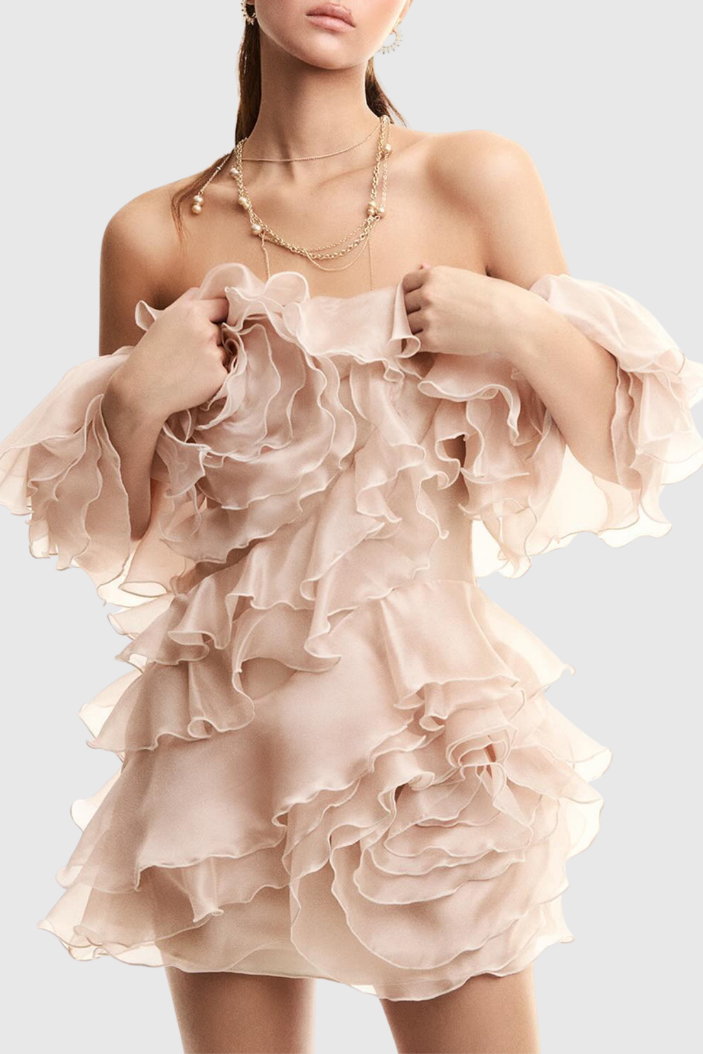 Nason Off Shoulder Ruffle Mini Dress - Beige