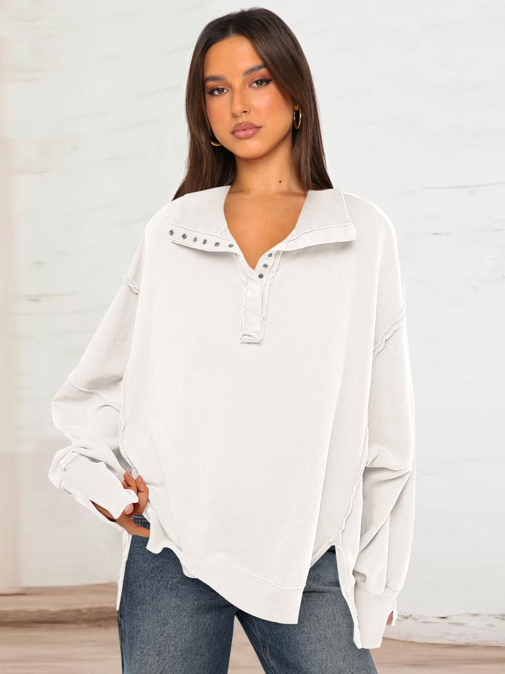 Decorative Moulding Design Blouse Split Lantern Sleeve Polo Collar Sweatshirt Coat for Women Spring Autumn