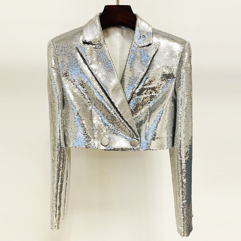 Metallic Coated Fabric Goods Personality Bling Bling Shiny Sequ Short Suit Mid Length Skirt Set Two Piece Set