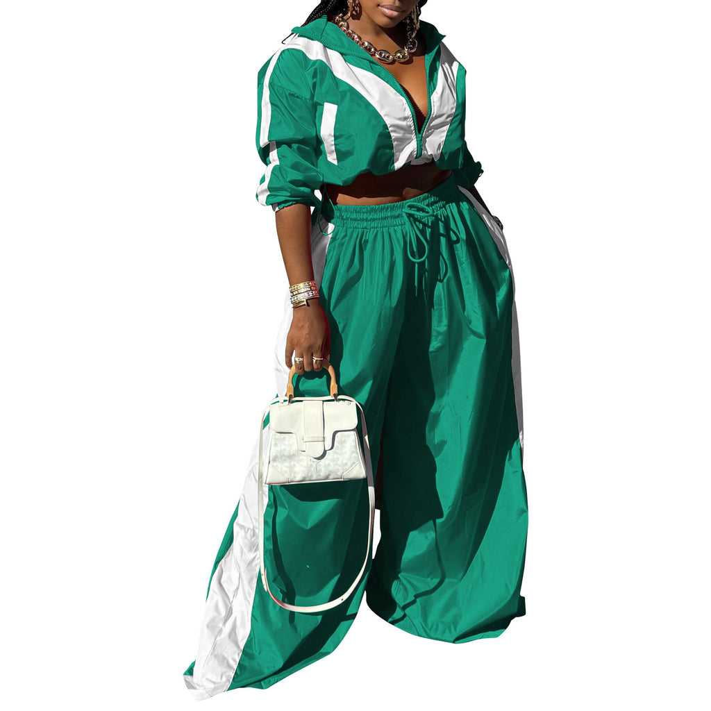 Women Clothing Sportswear Suit Woven Baggy Coat Two Piece Set Stitching Spring Autumn