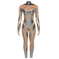 Metallic Coated Fabric Summer Women Clothing Stitching Mesh See through High Waist Zipper Slim Fit Sports Jumpsuit